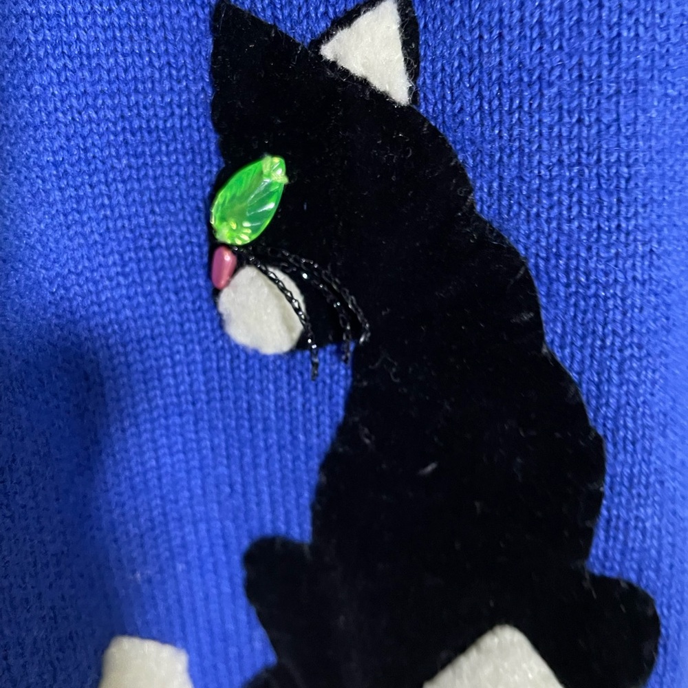 Michael Simon Event vintage blue cat on fence in moonlight cardigan - Picture 4 of 5